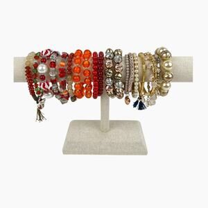 Bracelets Mixed Lot Of 19 Red Orange Gold Tone Stretch Stackable Beaded Wearable
